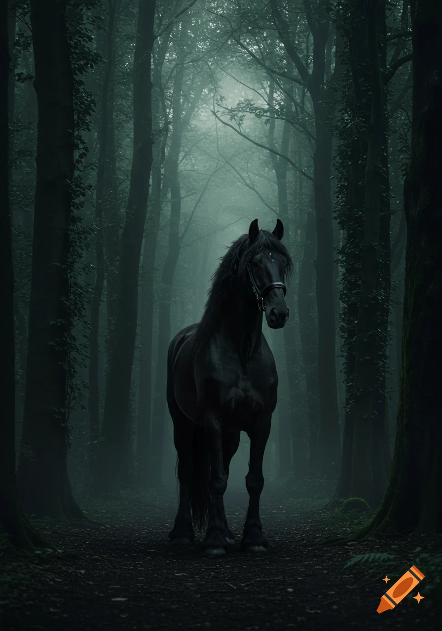 A majestic black Friesian horse stands on a path in a dark, misty forest, appearing photorealistic.