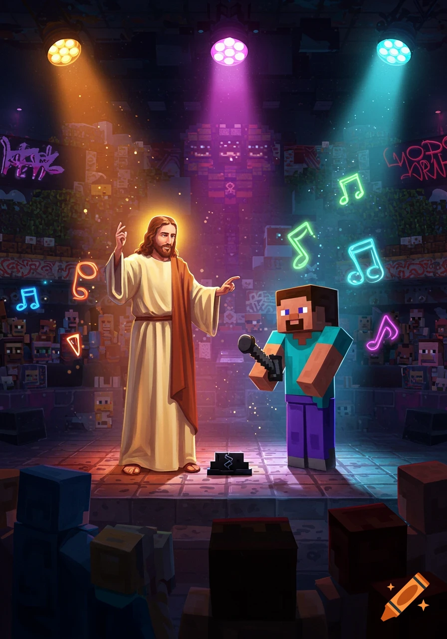 Jesus and Minecraft Steve on a stage under colorful lights, with musical notes, and a pixelated audience in digital art style.