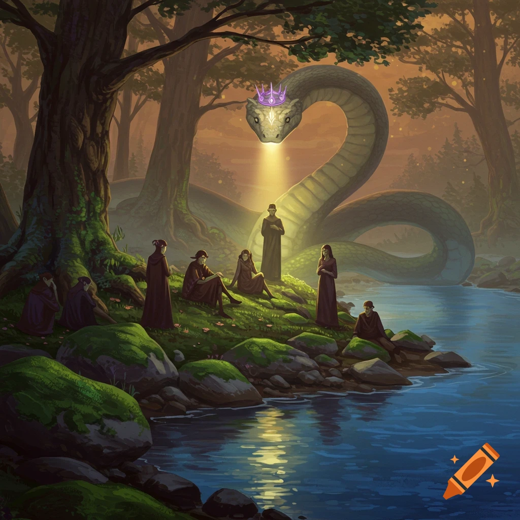 A giant crowned serpent emanates light onto robed figures by a forest river at twilight, in an ethereal neofolk style.