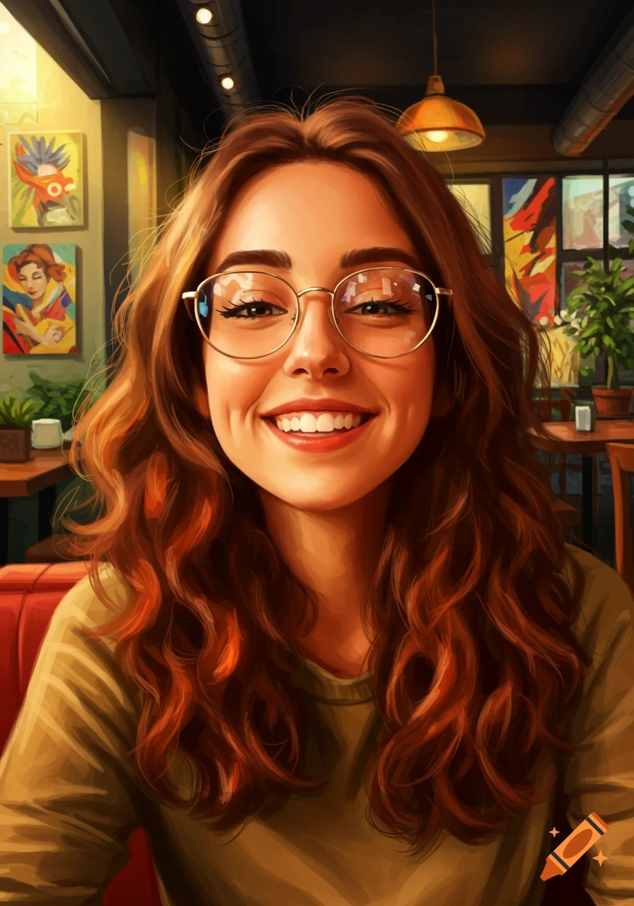 Digital painting of a smiling woman with long wavy brown hair and glasses in a cafe.