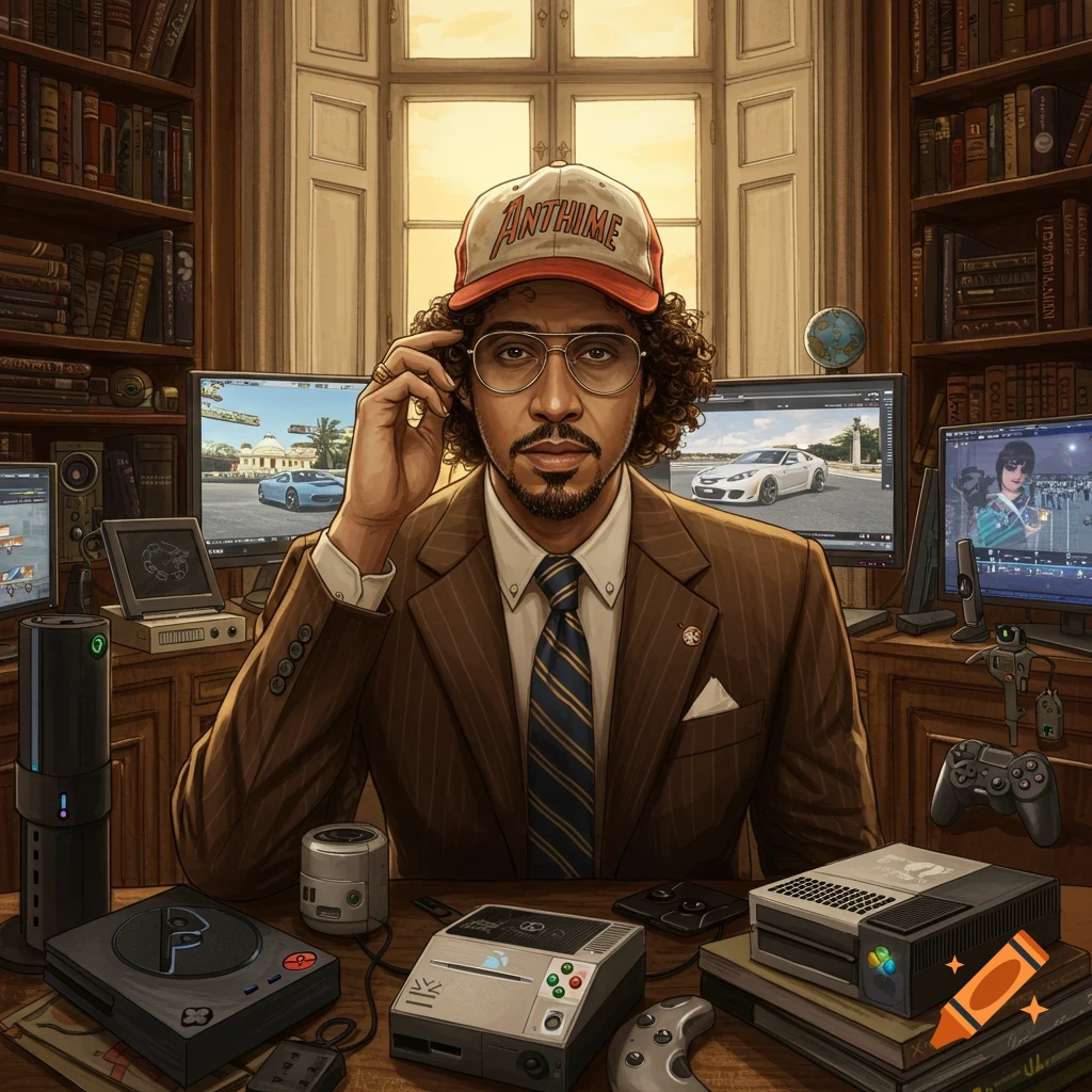 A man in a suit and baseball cap sits at a desk with multiple computer monitors displaying racing games, surrounded by gaming consoles and books.
