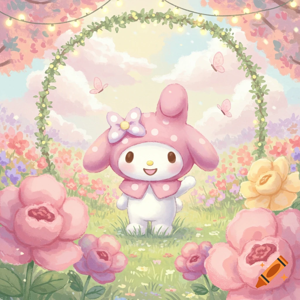 A cute My Melody cartoon character stands in a vibrant flower garden with butterflies, in an illustration style.
