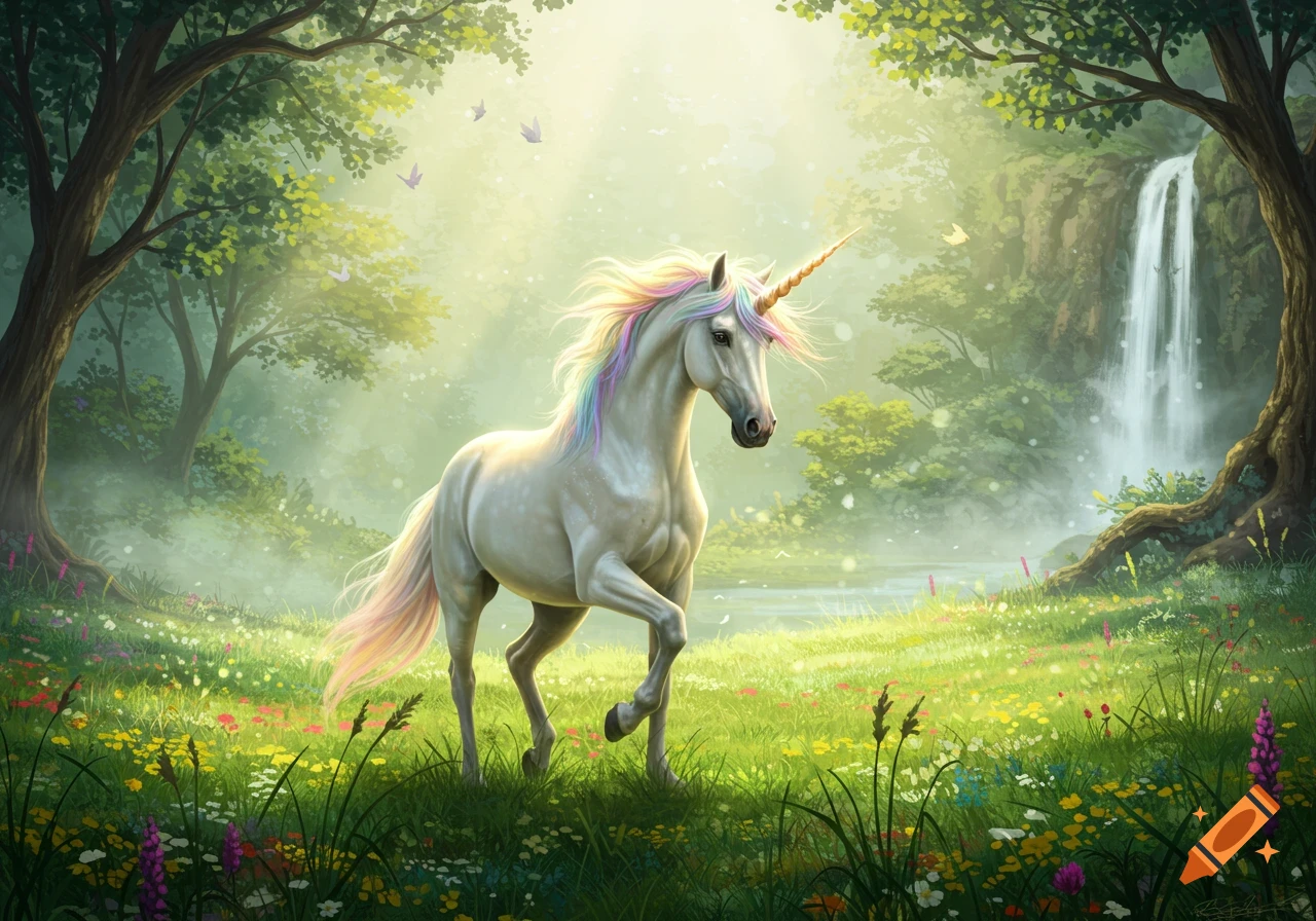 A majestic white unicorn with a rainbow mane and golden horn walks through a sunlit magical forest with a waterfall and wildflowers.