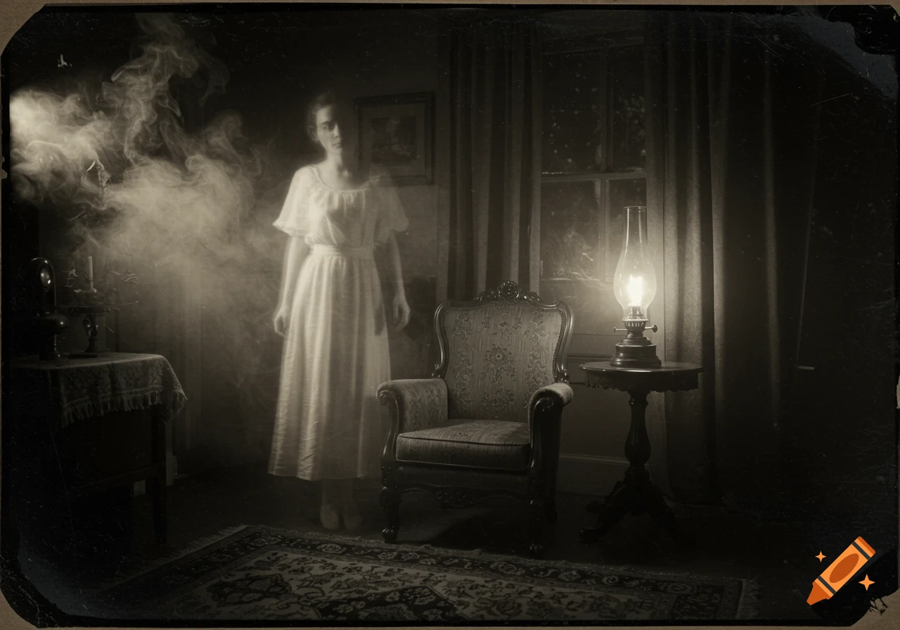 A sepia-toned vintage photo of a translucent ghost-like woman standing in a dark Victorian room with an armchair and an oil lamp.