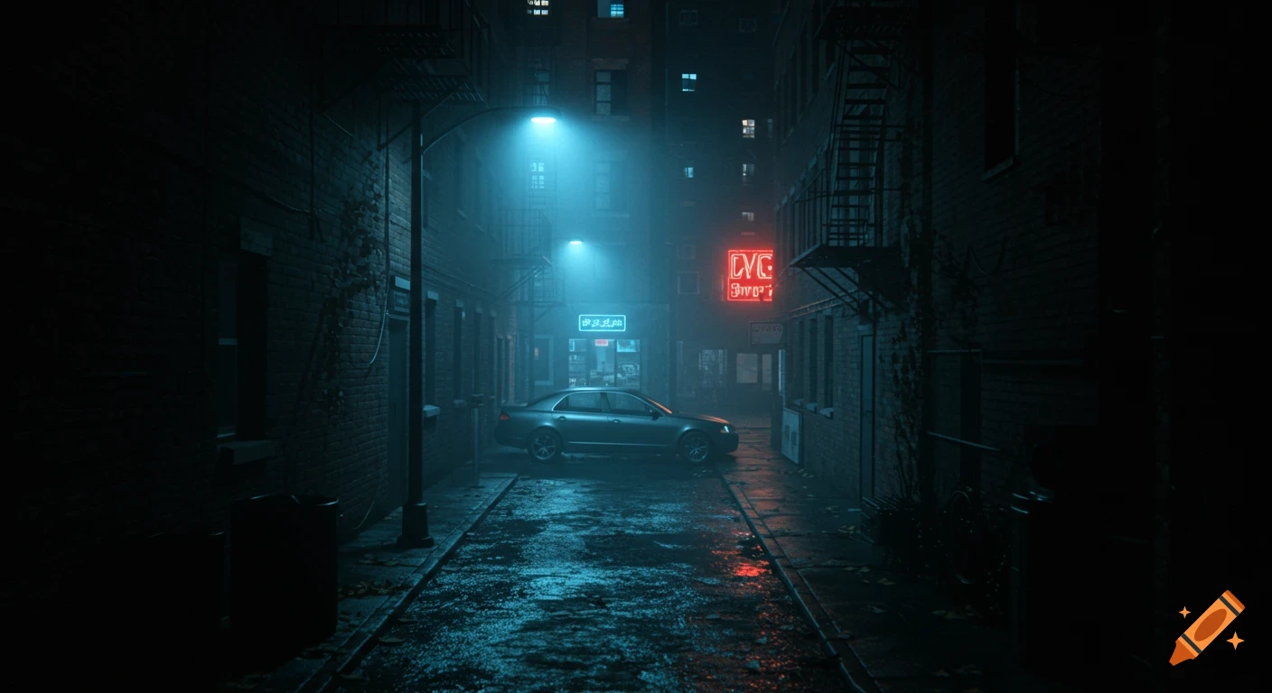 A dark, wet alleyway at night, with a car parked under a glowing blue streetlamp and neon signs on brick buildings.
