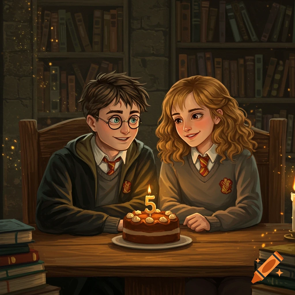 Cartoon Harry Potter and Hermione at a table with a chocolate cake and a '5' candle in a library setting.