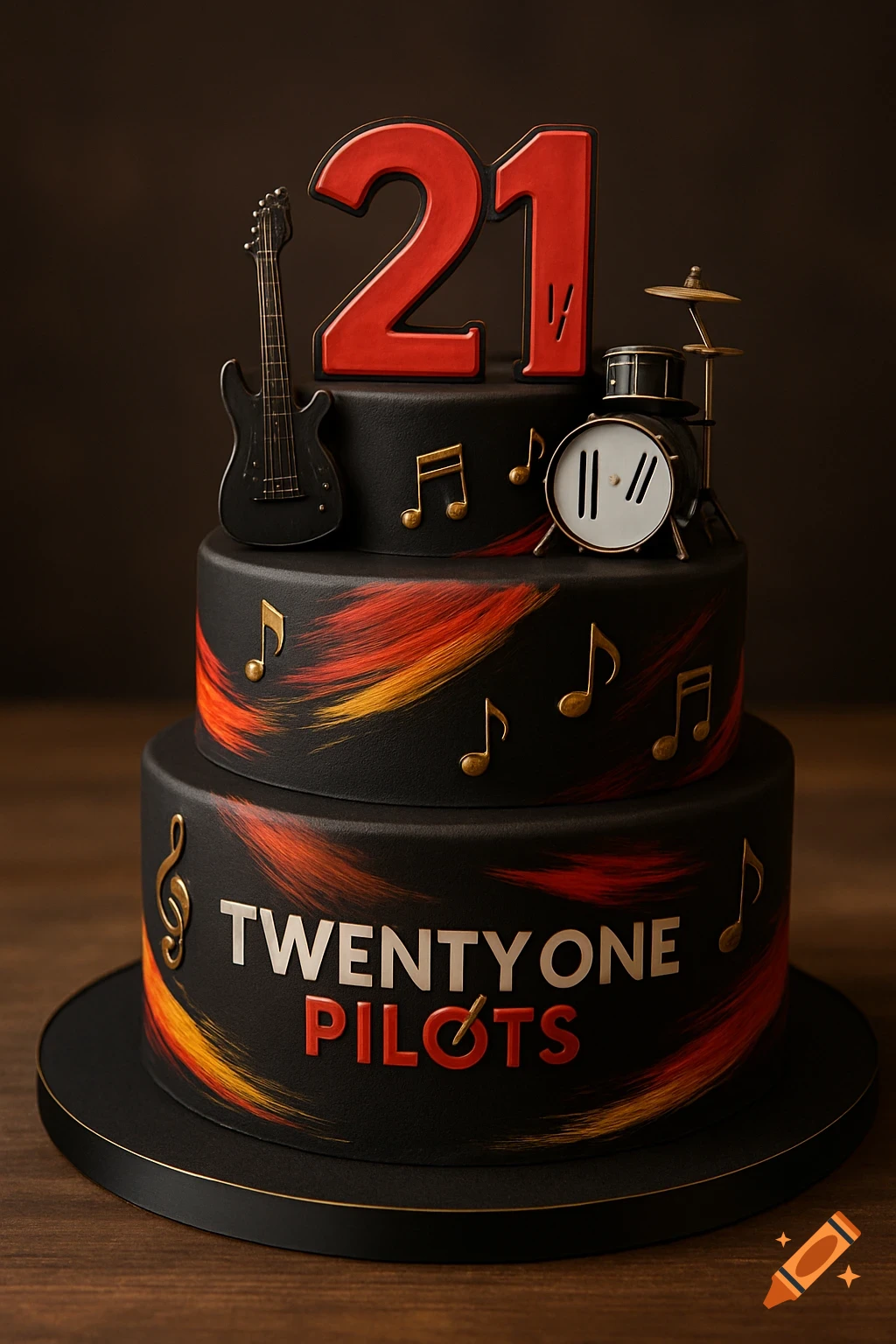 A stylish, dark three-tier birthday cake for a 21-year-old, decorated with the number "21" on top, a guitar, drum set, musical notes, and the words "TWENTYONE PILOTS" on the bottom tier, with red and yellow brush strokes.
