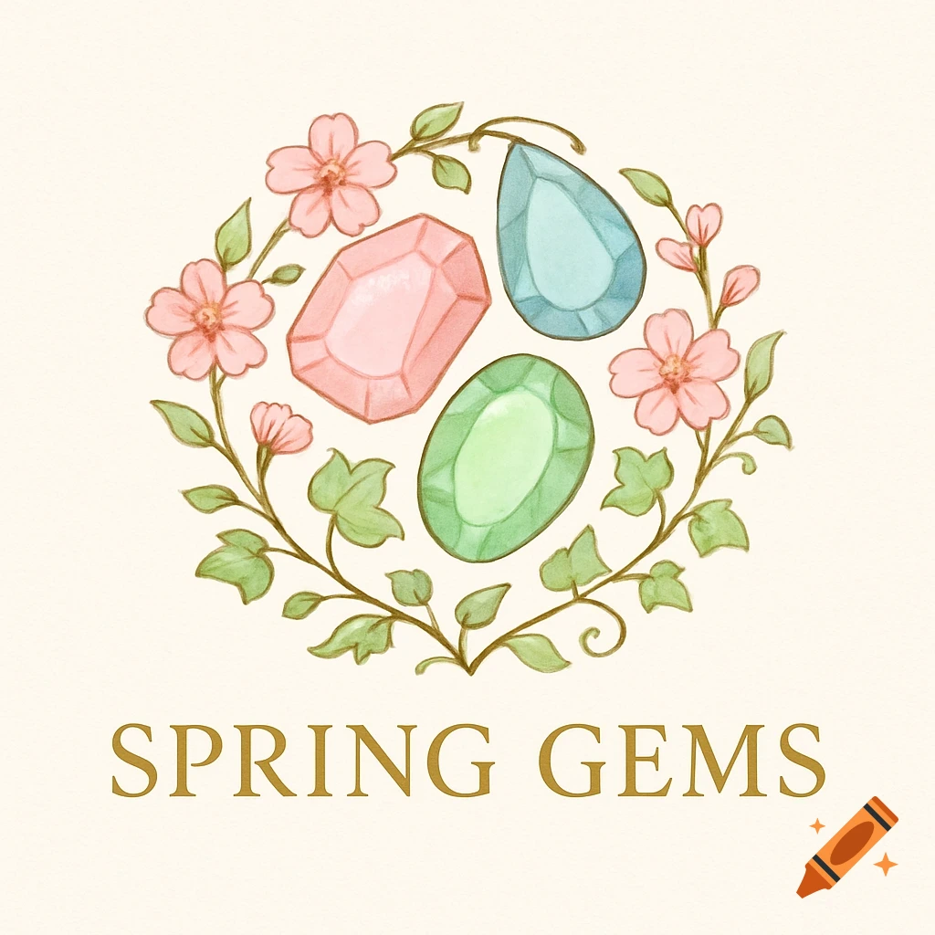 Watercolor illustration of pink, blue, and green faceted gems in a floral wreath with pink blossoms and 'SPRING GEMS' text.