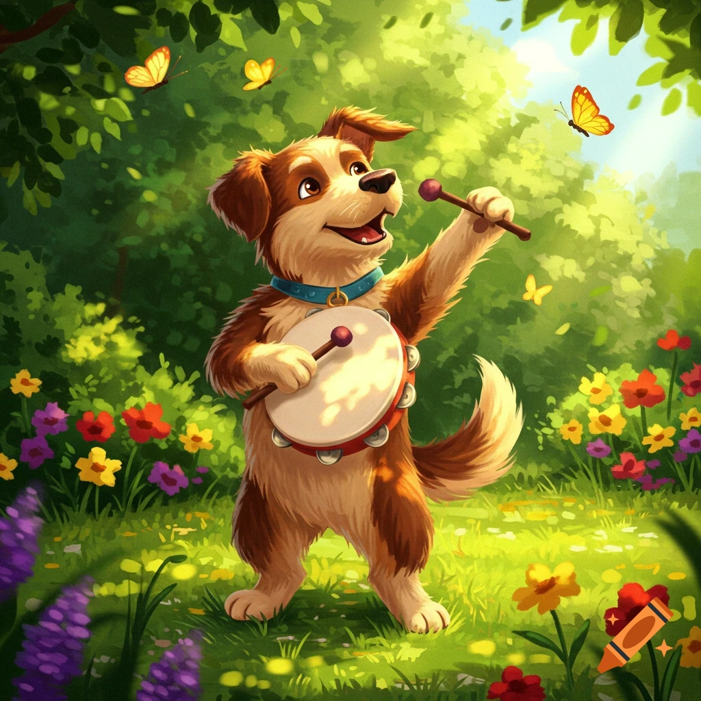 A cute cartoon dog happily plays a tambourine in a sunny, vibrant green field with colorful flowers and butterflies flying around.