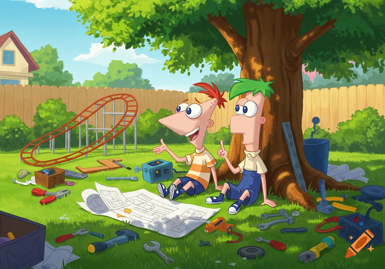 Phineas and Ferb cartoon characters sit in a grassy backyard with tools and a roller coaster, looking at blueprints.