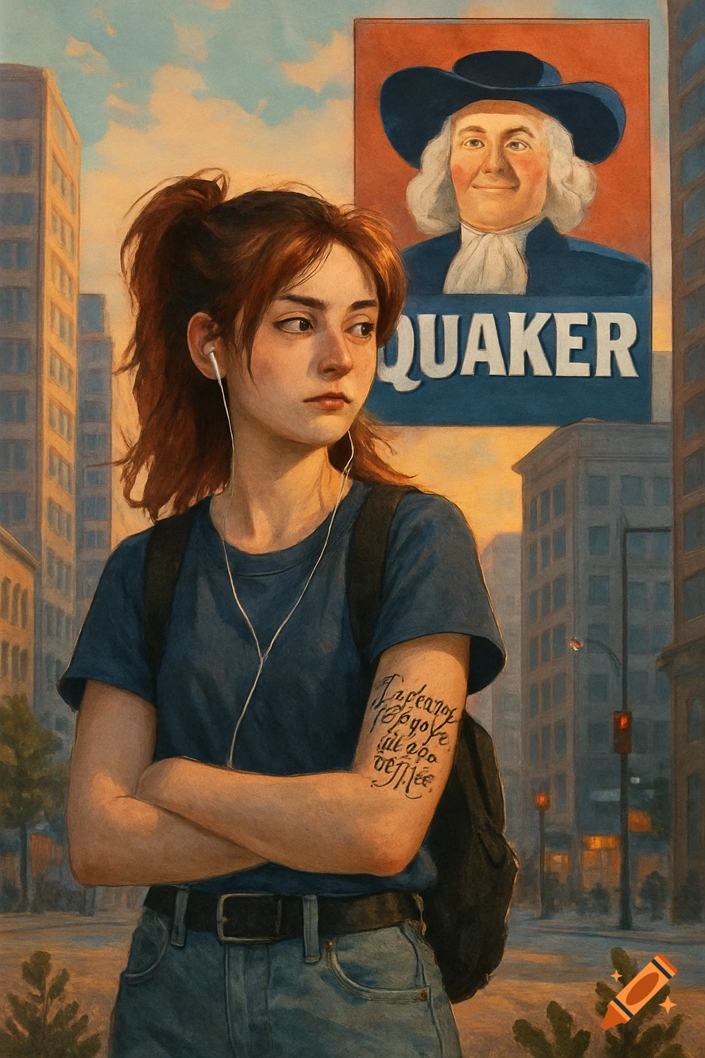 A teenage girl with red hair, earbuds, and a backpack stands with crossed arms in an urban setting, with a Quaker Oats billboard behind her, in a painterly style.