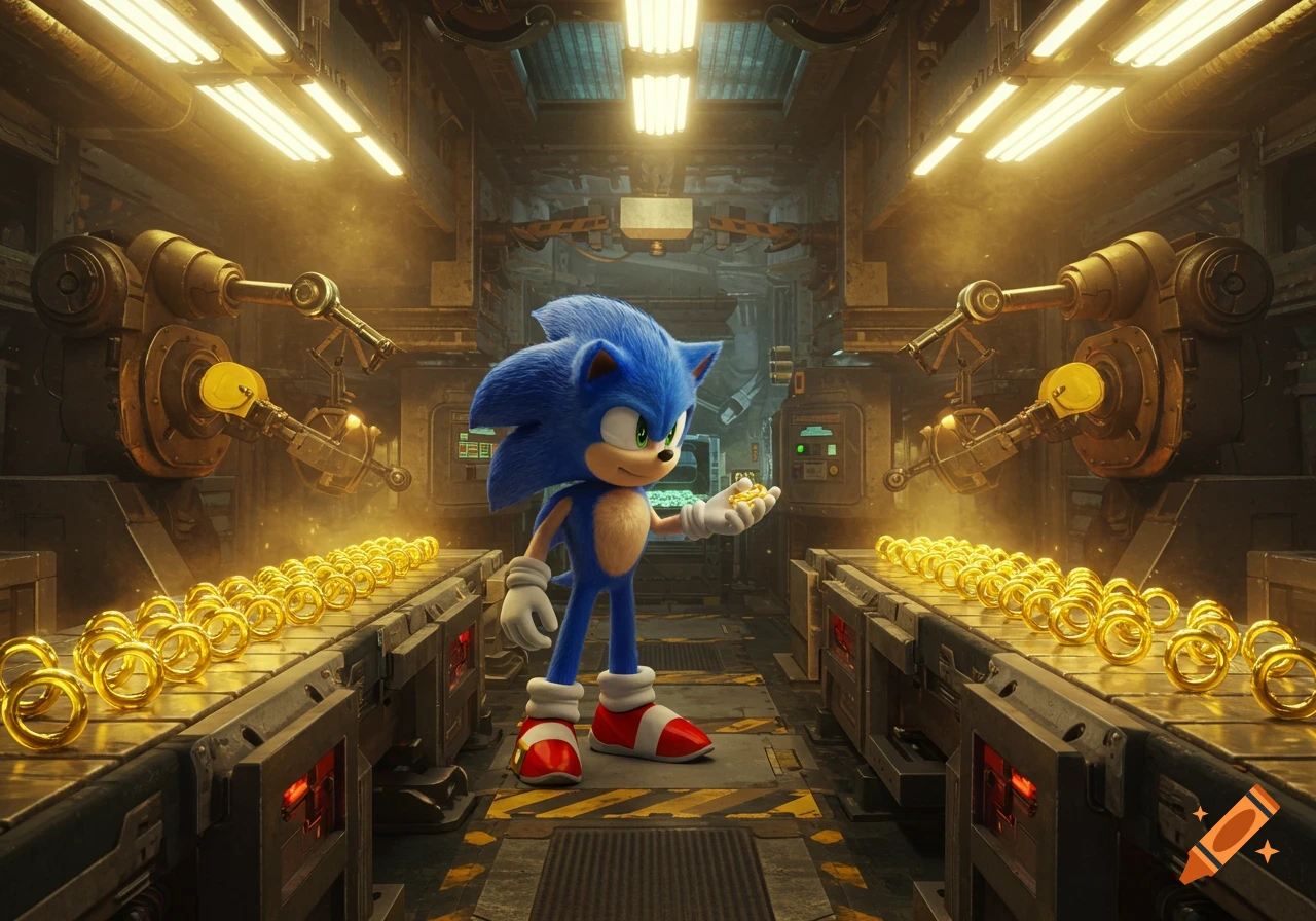 Photorealistic Sonic the Hedgehog stands in a factory filled with conveyor belts of golden rings, holding one ring.