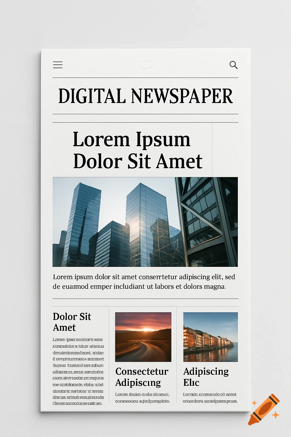 A clean digital newspaper template displayed on a tablet, featuring headlines like "DIGITAL NEWSPAPER" and "Lorem Ipsum Dolor Sit Amet," with placeholder text and images of modern cityscapes, a sunset road, and buildings by water.