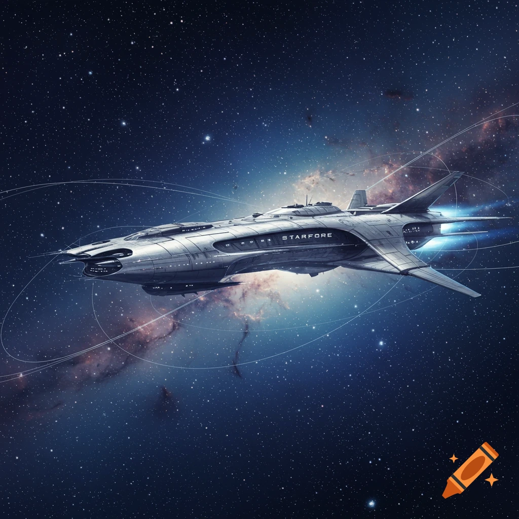A futuristic silver spaceship with blue engines flies through deep space, with a nebula and countless stars in the background.