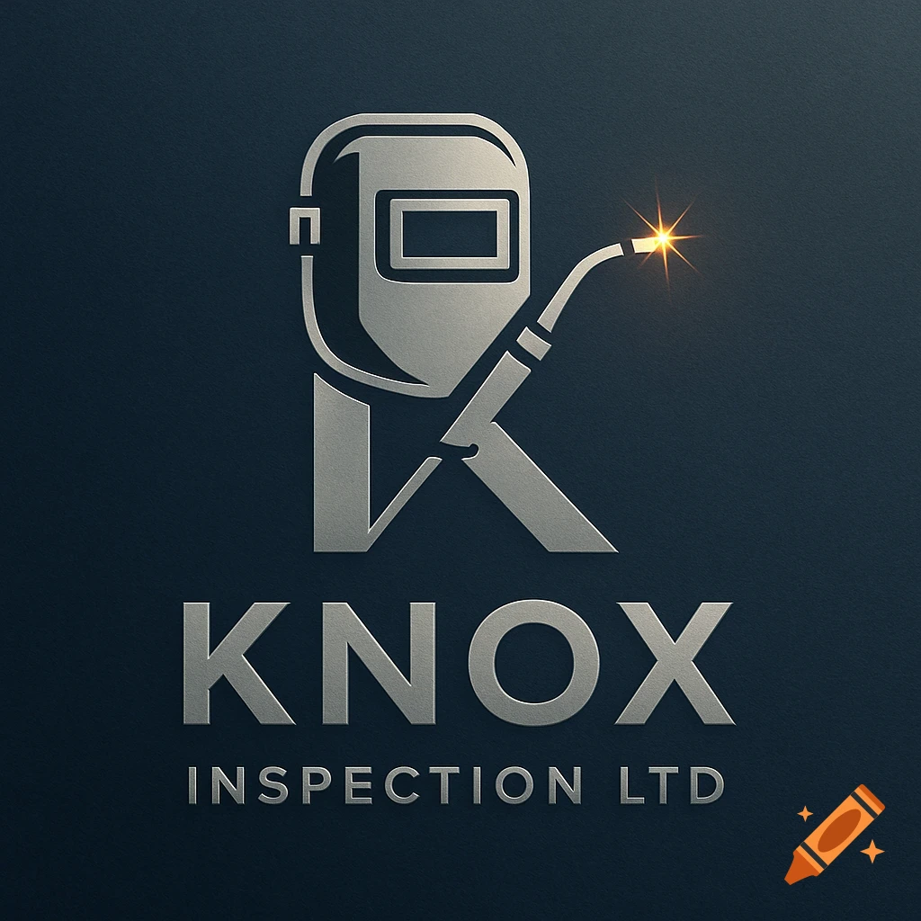 Silver metallic logo for Knox Inspection Ltd, featuring a stylized welding mask and torch forming the letter K on a dark blue background.