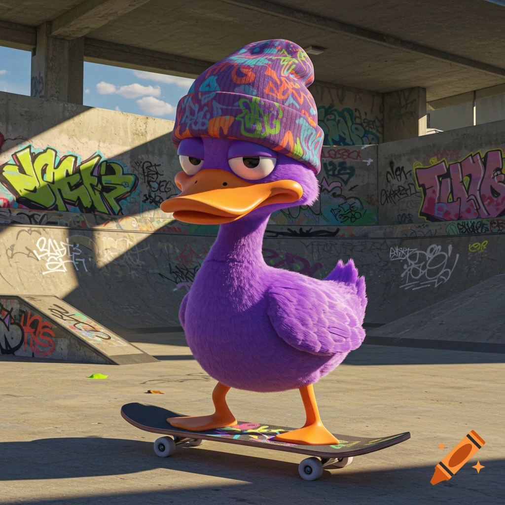 A purple cartoon duck with a colorful beanie stands on a skateboard in a graffiti-covered skatepark.