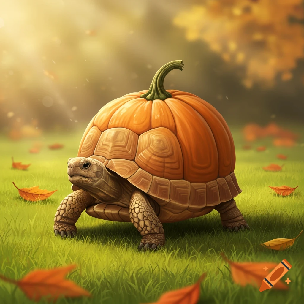 A detailed digital painting of a tortoise with a pumpkin for a shell, walking on green grass with autumn leaves.