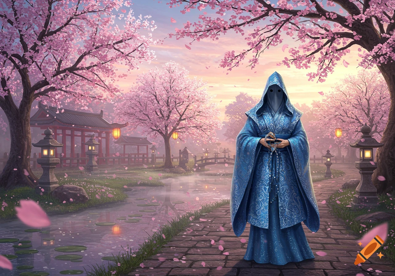 Mysterious hooded figure in a blue robe in a serene Japanese garden with pink cherry blossoms, a pond, and traditional structures.