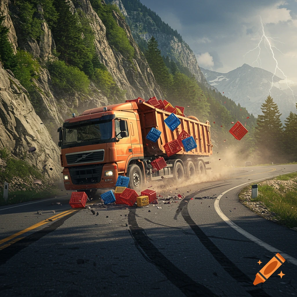 An orange dump truck skids on a winding mountain road as its load of colorful crates spills out, with lightning striking in the background.
