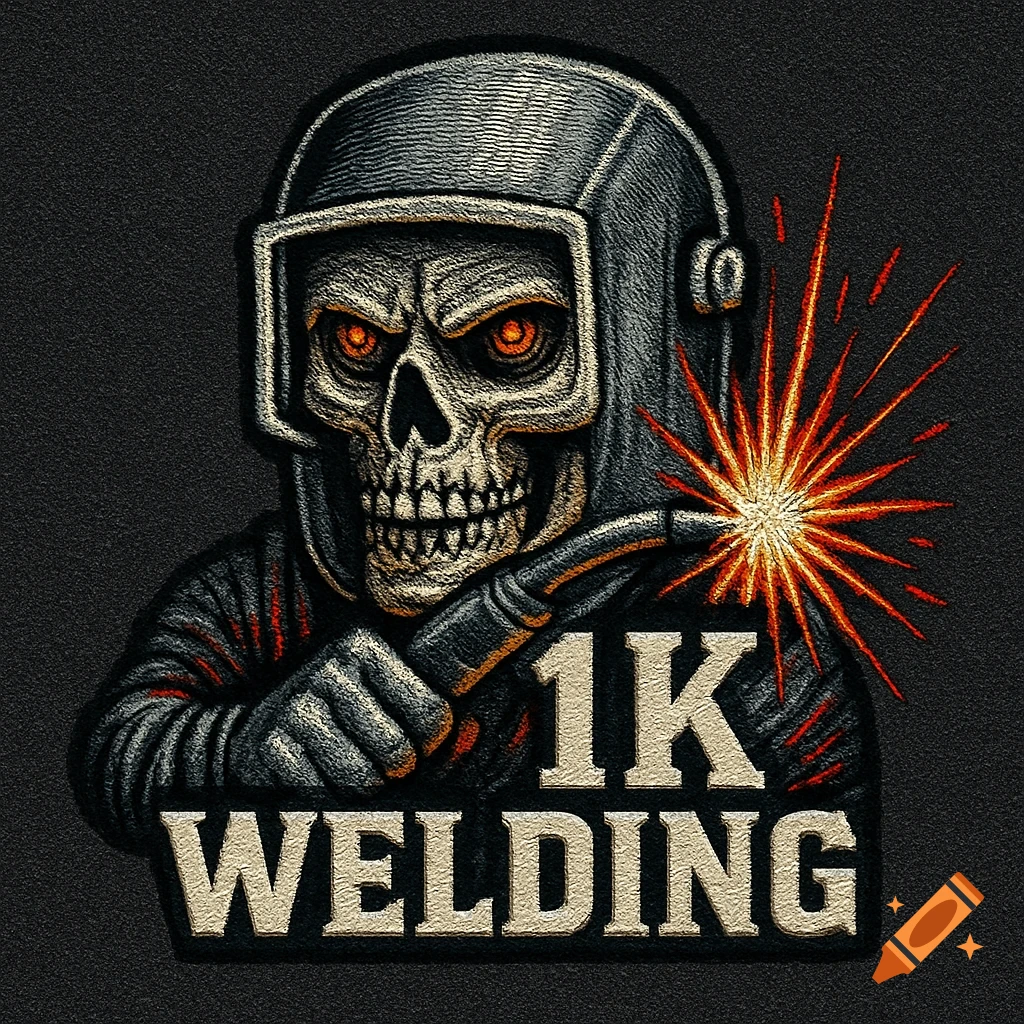 Embroidered patch logo of a skull in a welder's helmet welding with sparks, and '1K WELDING' text.
