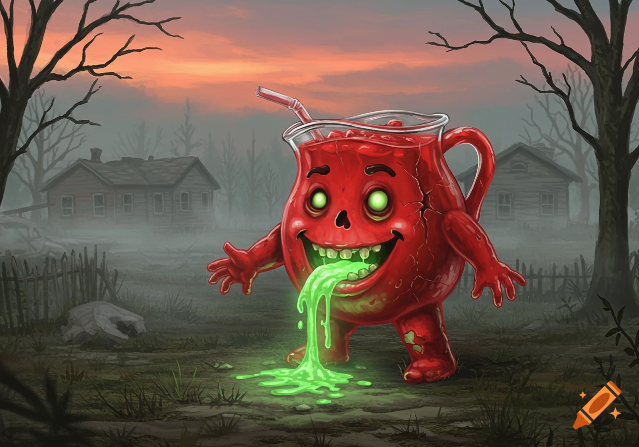 Zombie Kool-Aid man with glowing green eyes pukes green liquid in a foggy, eerie, dilapidated setting.
