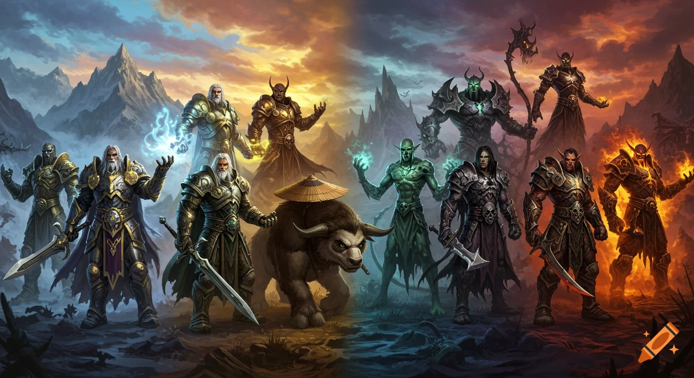 A fantasy image depicting a clear division between light and dark heroes, with warriors, mages, and mythical creatures on opposing sides against a dramatic mountain and sky background.