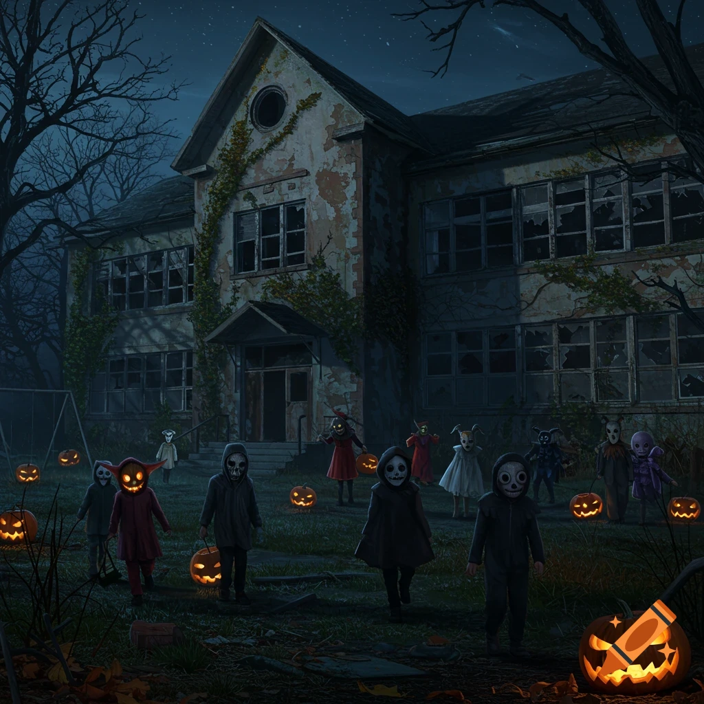 Children in spooky Halloween costumes with glowing pumpkins gather outside a dilapidated school at night, digital art.
