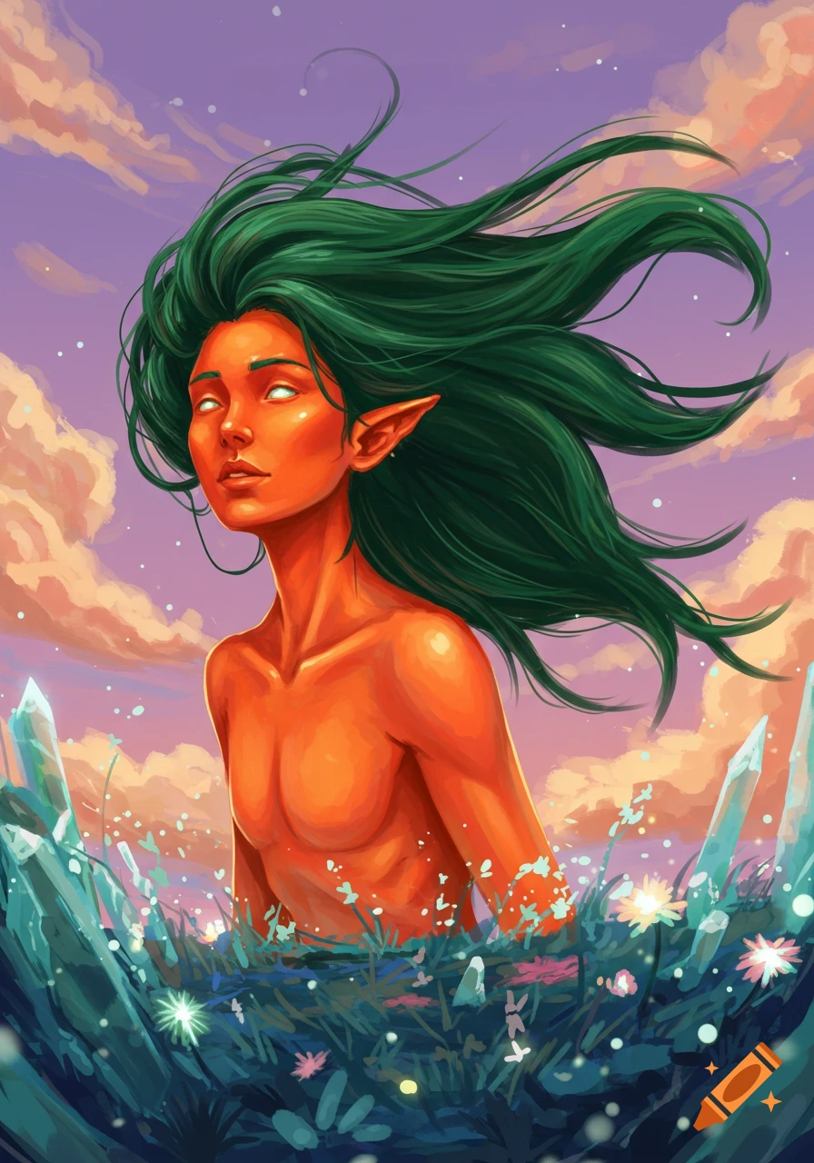 Orange-skinned, green-haired humanoid with pointed ears in a fantasy landscape with crystals and flowers under a vibrant sky, stylized illustration.