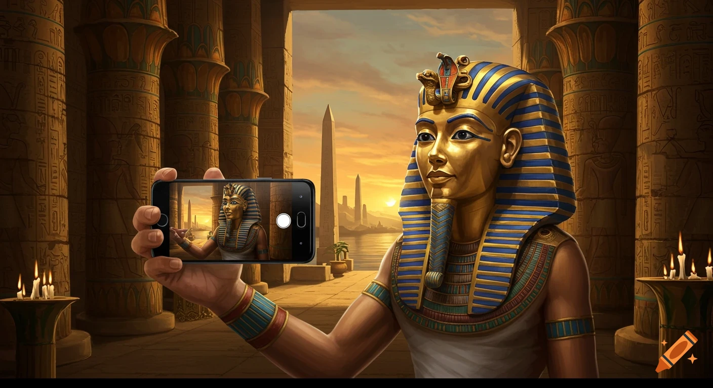 King Tut in an ancient Egyptian temple takes a selfie with a modern smartphone, capturing himself and a sunset over an obelisk-filled landscape.