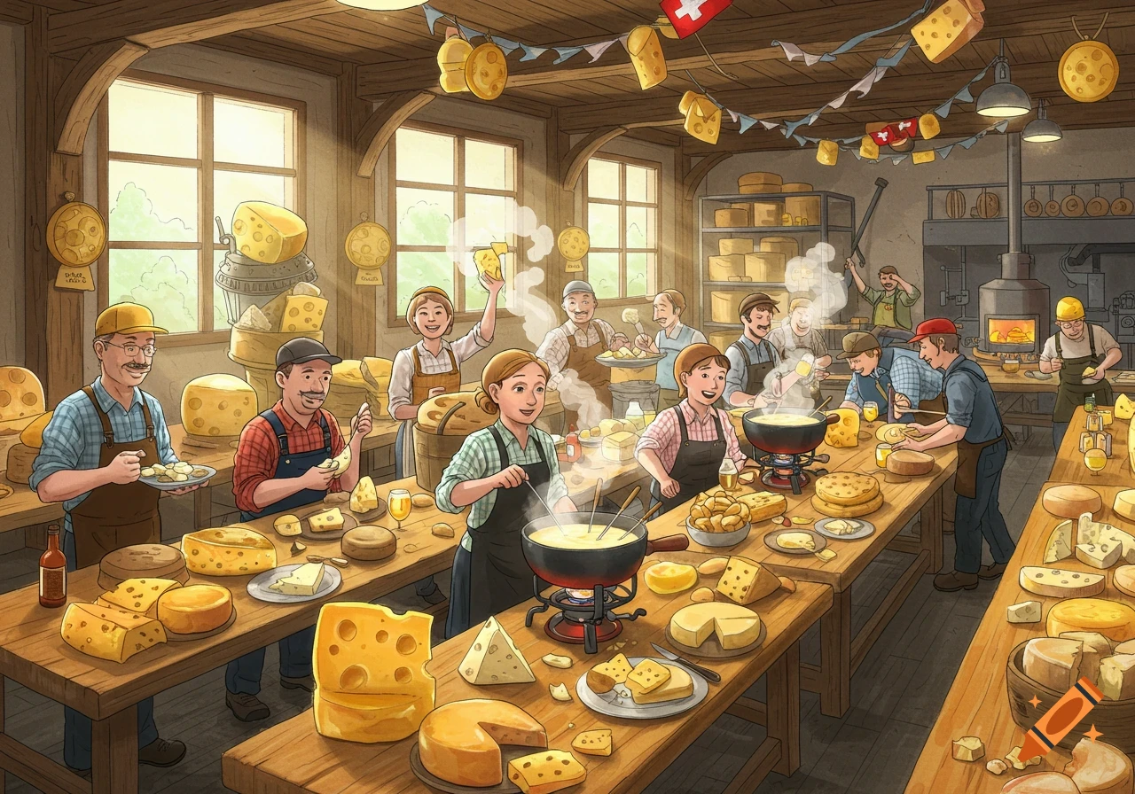 A lively illustration of a Swiss cheese factory where people are busy preparing, serving, and enjoying cheese and fondue.