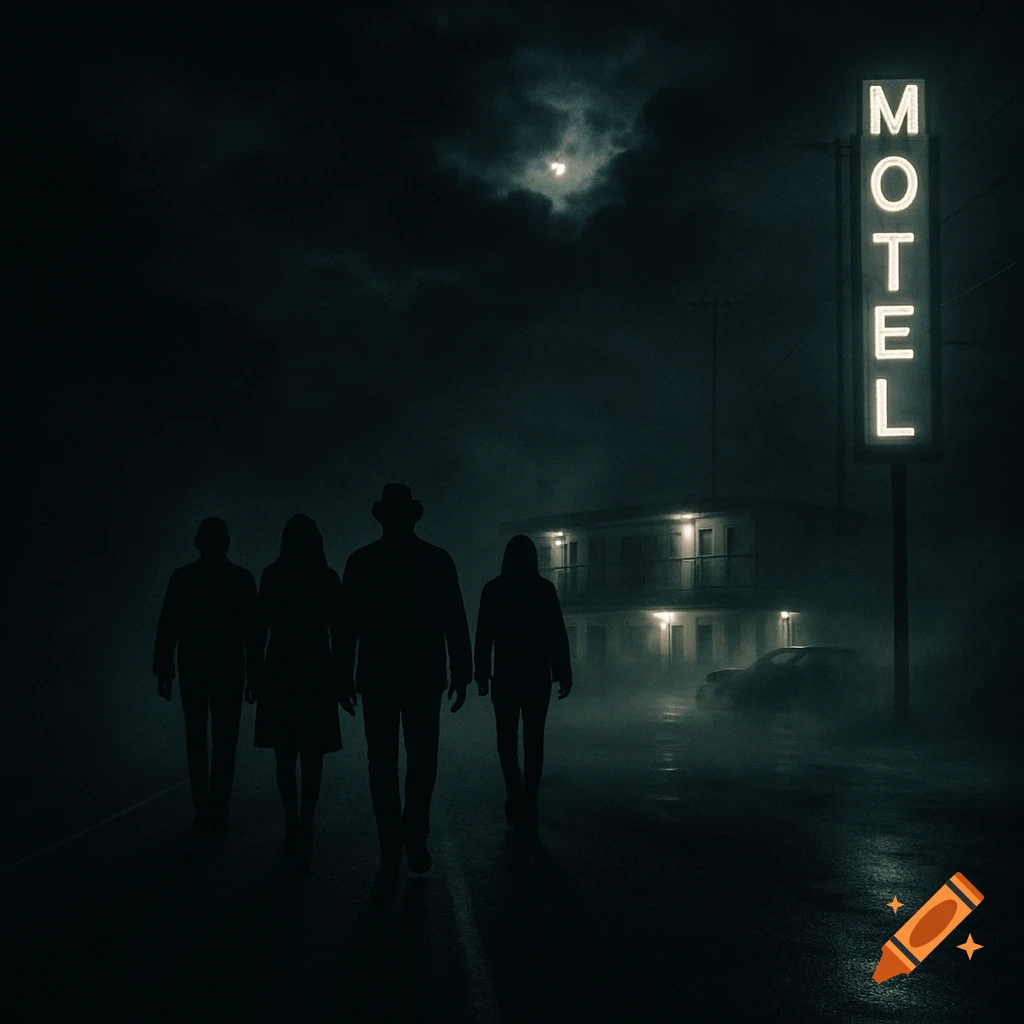 Four shadowy figures walk on a misty road towards a glowing neon motel sign at night in a horror-noir style.