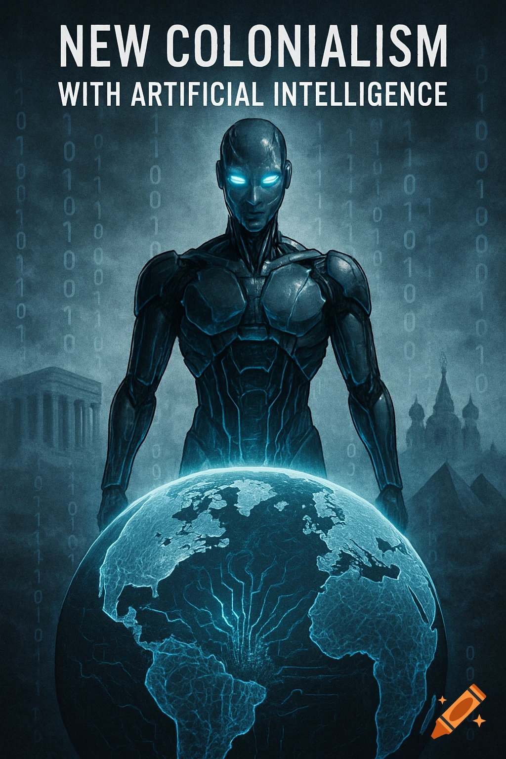 A dark, futuristic robot with glowing blue eyes stands over a glowing globe. Text reads 'NEW COLONIALISM WITH ARTIFICIAL INTELLIGENCE'.