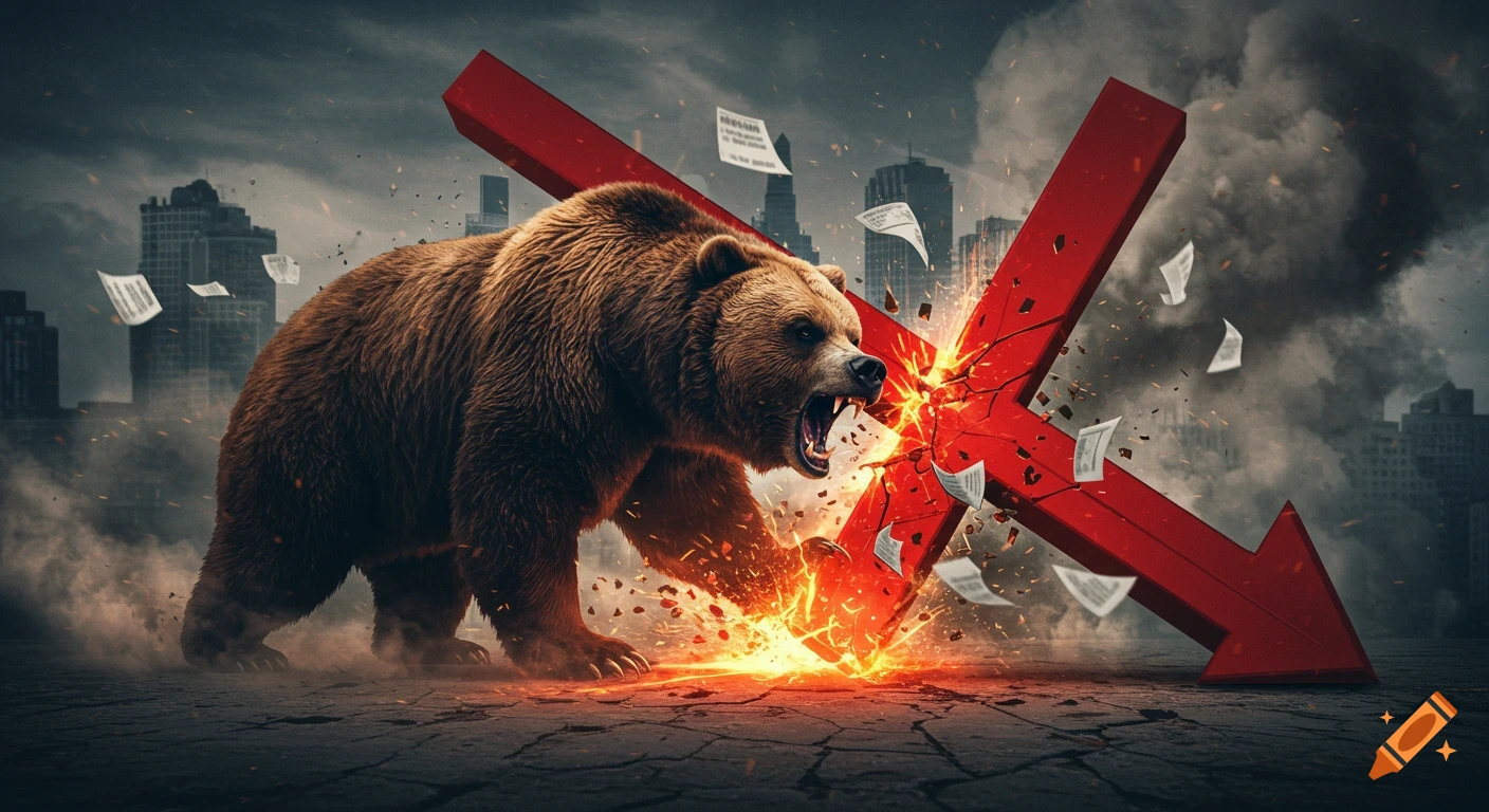 A ferocious brown bear smashes a giant red downward arrow with a fiery impact in a stormy cityscape, symbolizing a bear market.