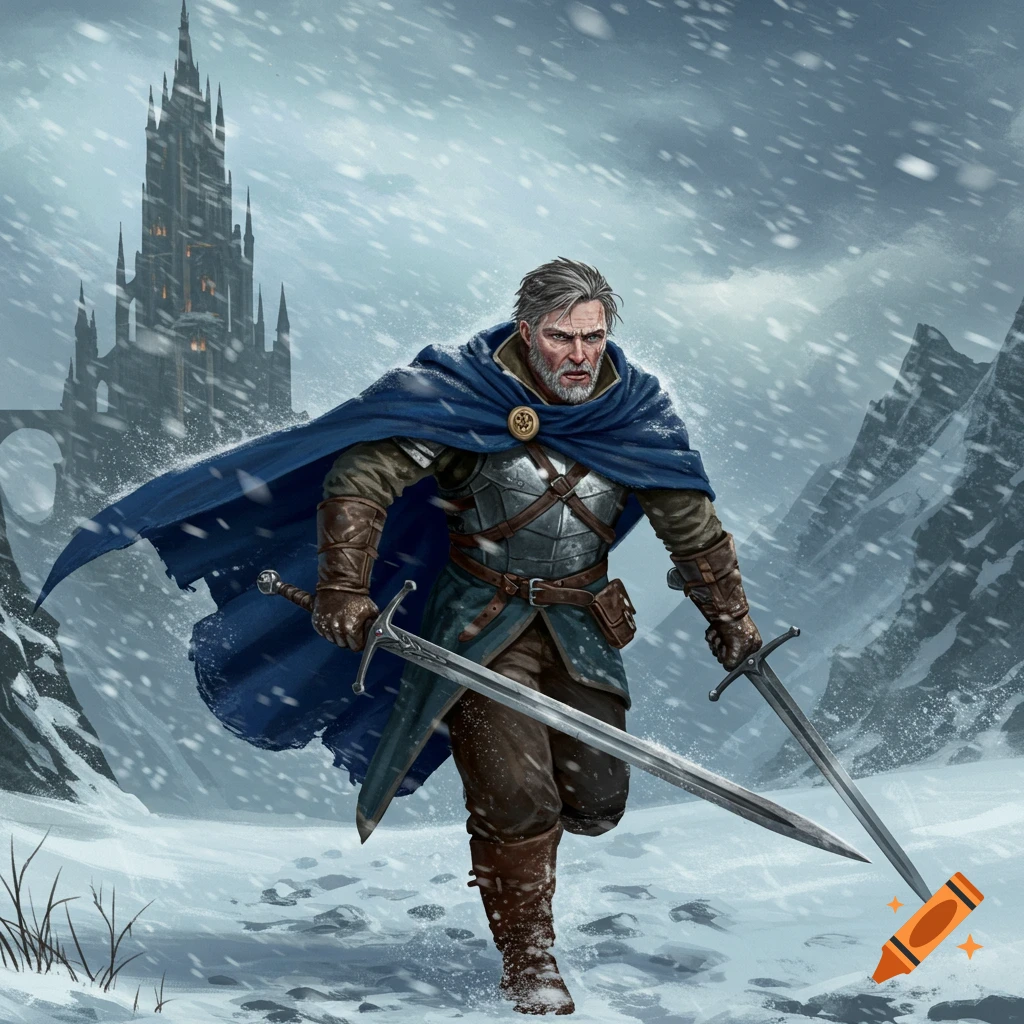 A determined knight in armor and blue cape runs through a snowy mountain pass, wielding two swords, with a dark castle in the background.