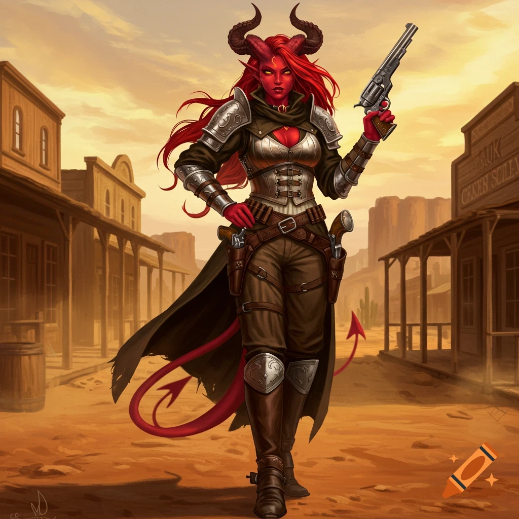 A red-skinned female tiefling gunslinger with horns and a tail stands in an Old West town, holding a revolver.