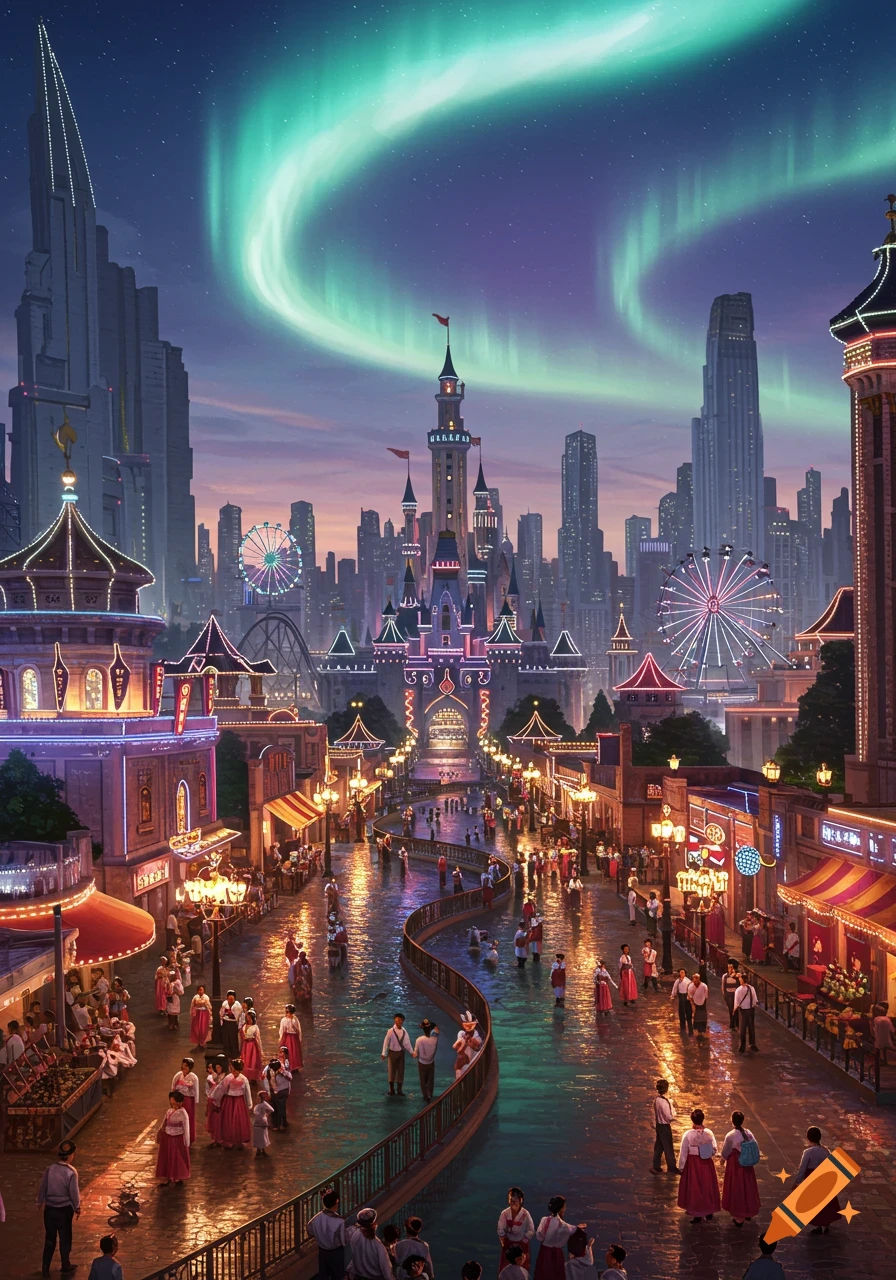 A vibrant, dreamlike cityscape at night with a grand castle and ferris wheels, illuminated by colorful lights and a green aurora.