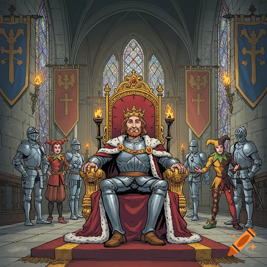 A king on a golden throne in a medieval throne room, flanked by knights and  jesters, in comic art style. on Craiyon, image size:1024x1024