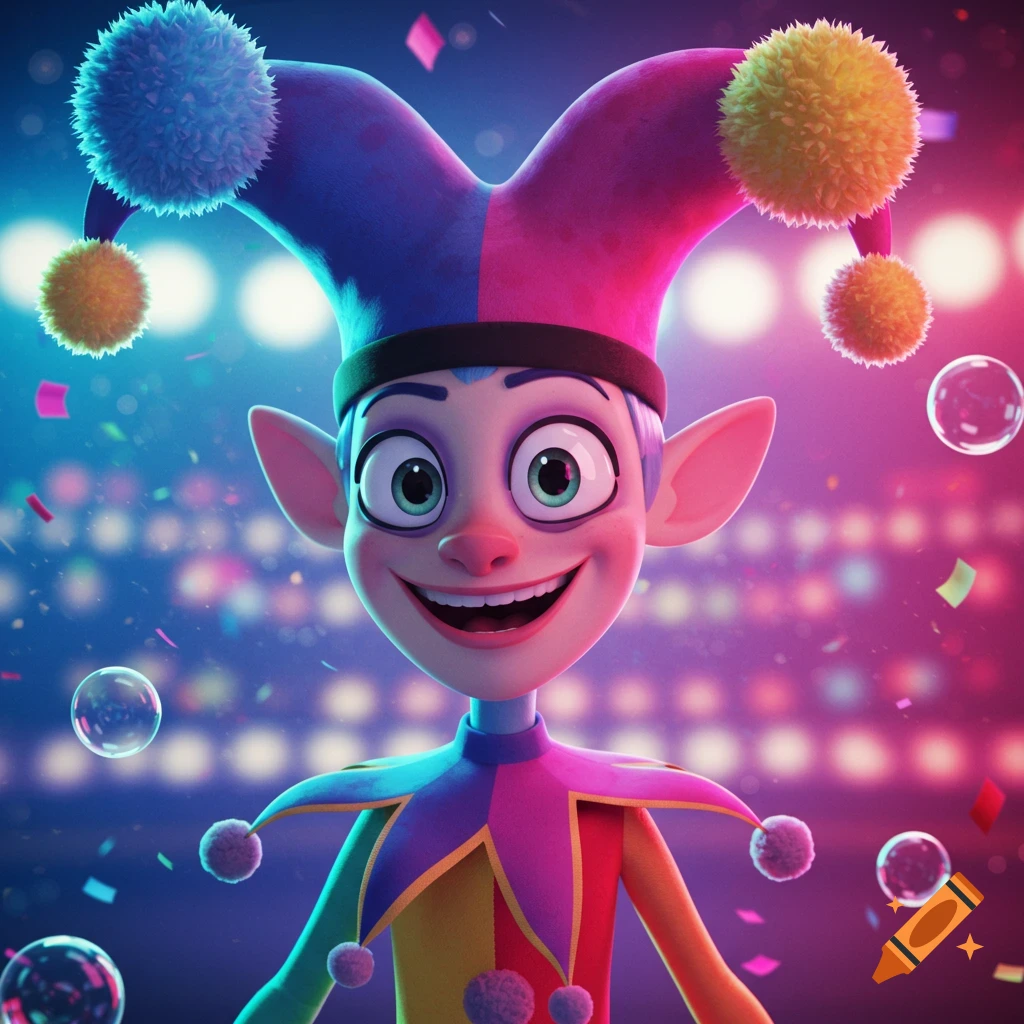 A vibrant 3D animated cartoon jester with a colorful hat and suit smiles happily amidst confetti and bubbles.