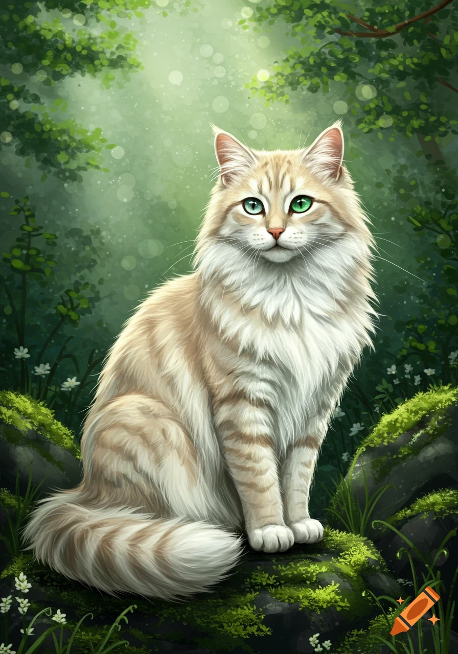 A fluffy beige and white tabby cat with bright green eyes sits on mossy rocks in a lush, green forest.