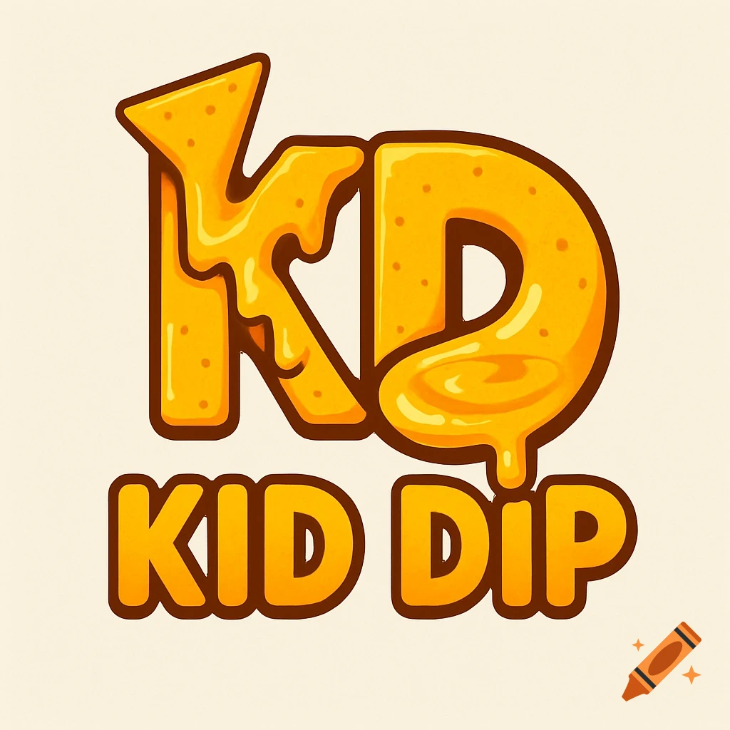 Illustrated logo with yellow letters KD resembling nachos dripping cheese, and KID DIP in a similar style below.