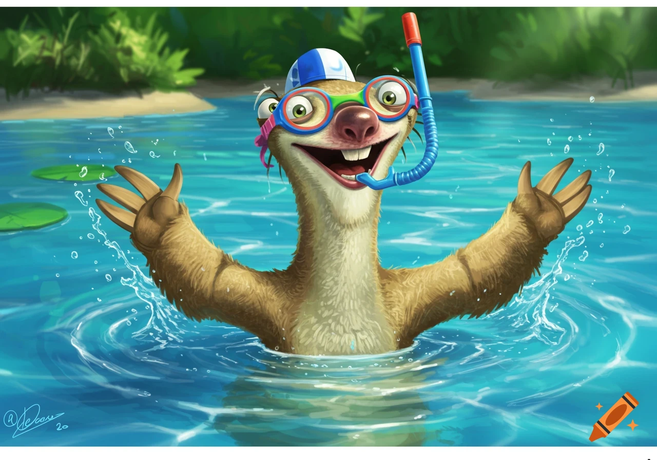 Cartoon Sid the sloth from Ice Age joyfully swims, wearing goggles and a swim cap in blue water with green foliage.