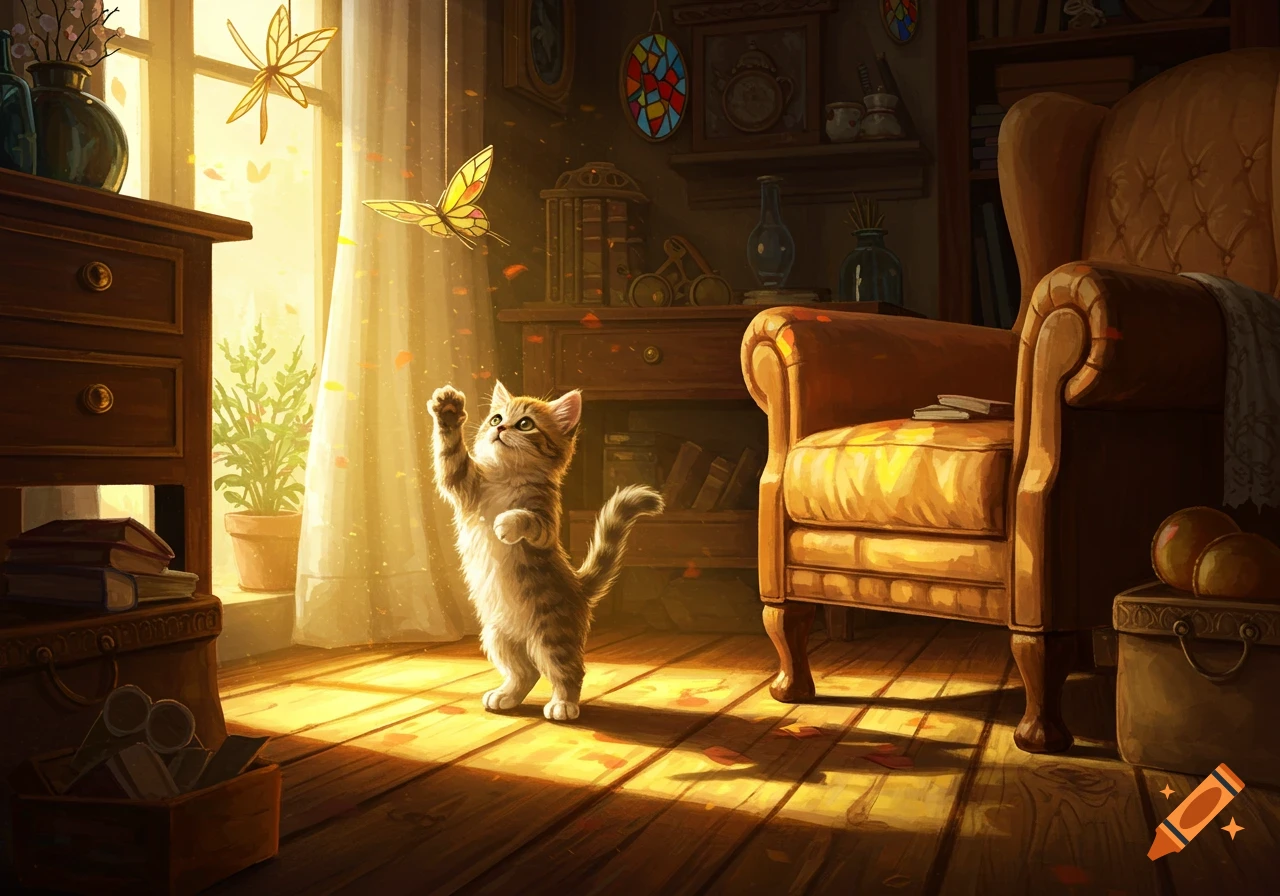 An adorable tabby kitten playfully reaching for golden butterflies in a sunlit, cozy room, illustrated in a warm, painterly style.