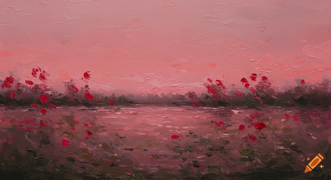 Impressionistic oil painting of a landscape with a pink sky and water, dark foliage, and scattered red flowers.
