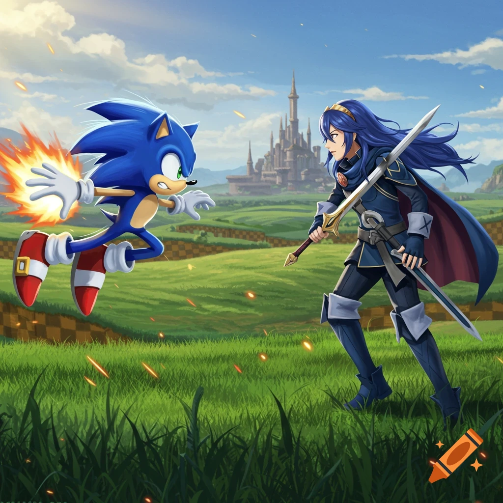Sonic the Hedgehog leaps with a fiery punch towards Lucina, who holds two swords, in a vibrant fantasy field with a castle.