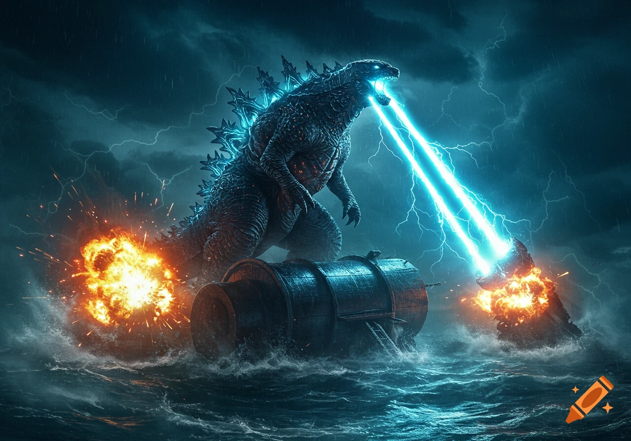 Godzilla stands on a large cylinder in stormy seas, firing a blue laser from its mouth, causing explosions under a lightning-filled sky.