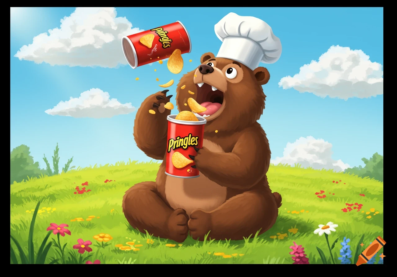 A cartoon bear wearing a chef's hat, sitting in a grassy field, excitedly pouring Pringles chips from one can into its mouth while holding another can.