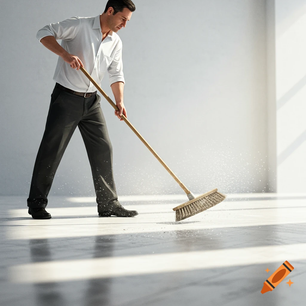 A man in a white shirt and dark pants sweeps a dusty floor with a broom in a bright, empty room.