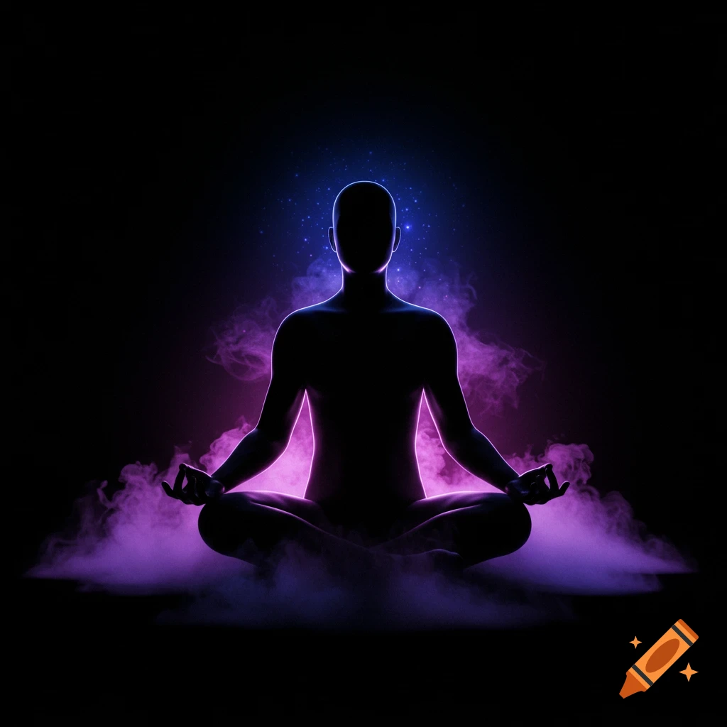 Silhouetted figure meditating in lotus position, surrounded by glowing purple smoke and blue starlight on a black background.