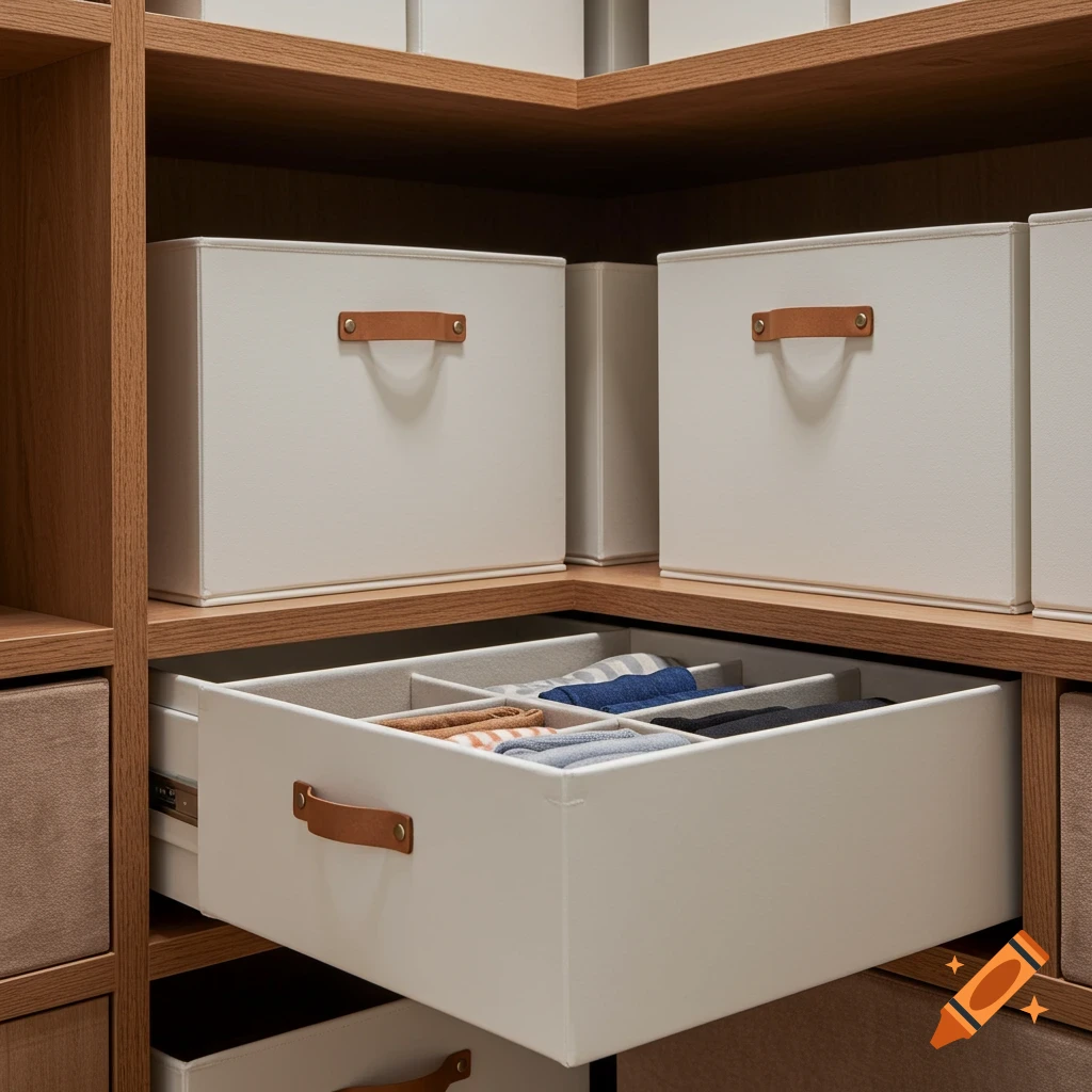 A well-organized wooden closet with white storage bins and an open drawer containing neatly folded apparel.