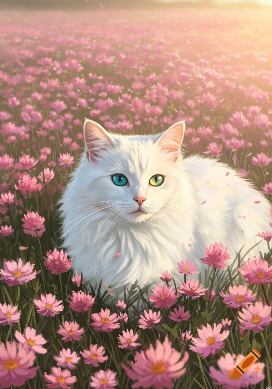 A fluffy white cat with one blue eye and one green eye sits in a field of pink wildflowers under warm sunlight, in a painterly style.
